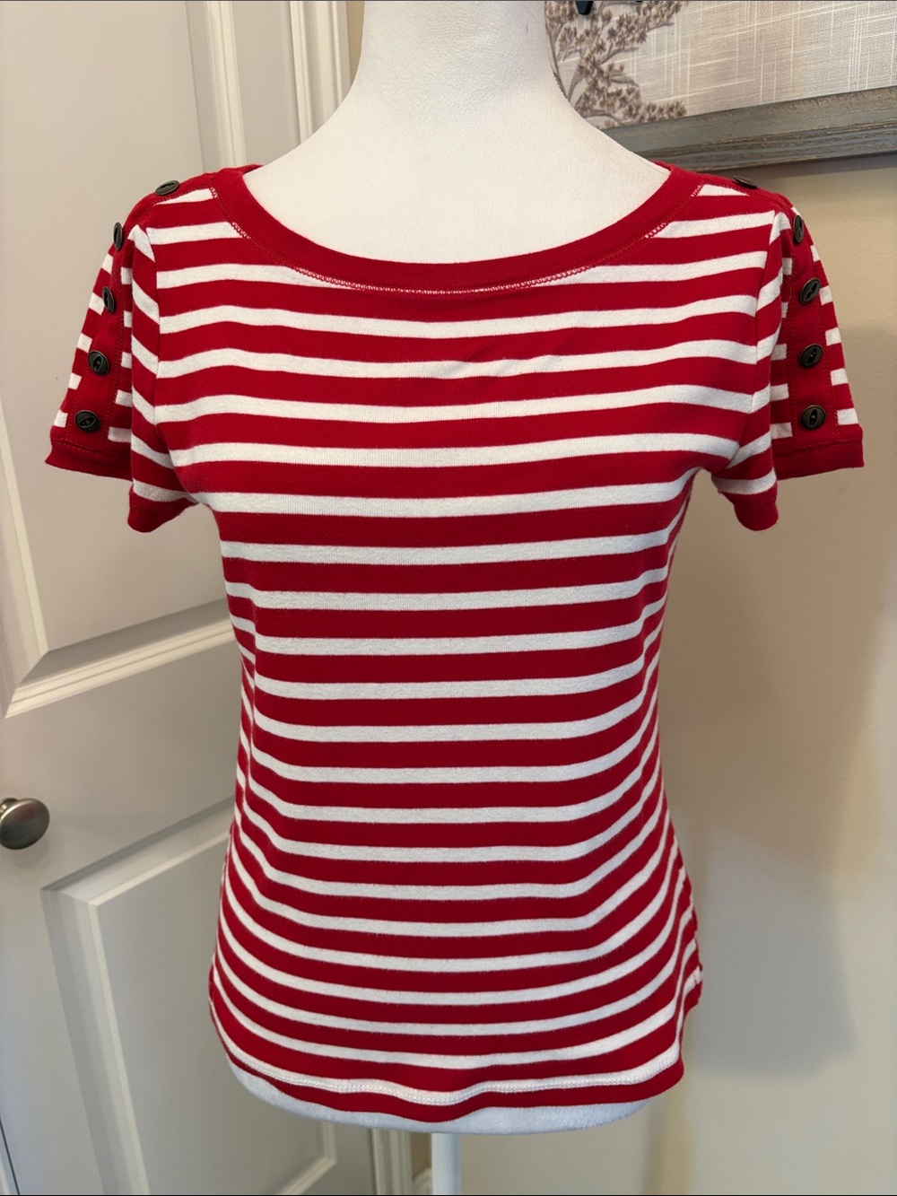 Lauren Ralph Lauren Short Sleeve Top Button-Sleeve Medium Red White Striped - Picture 2 of 13
